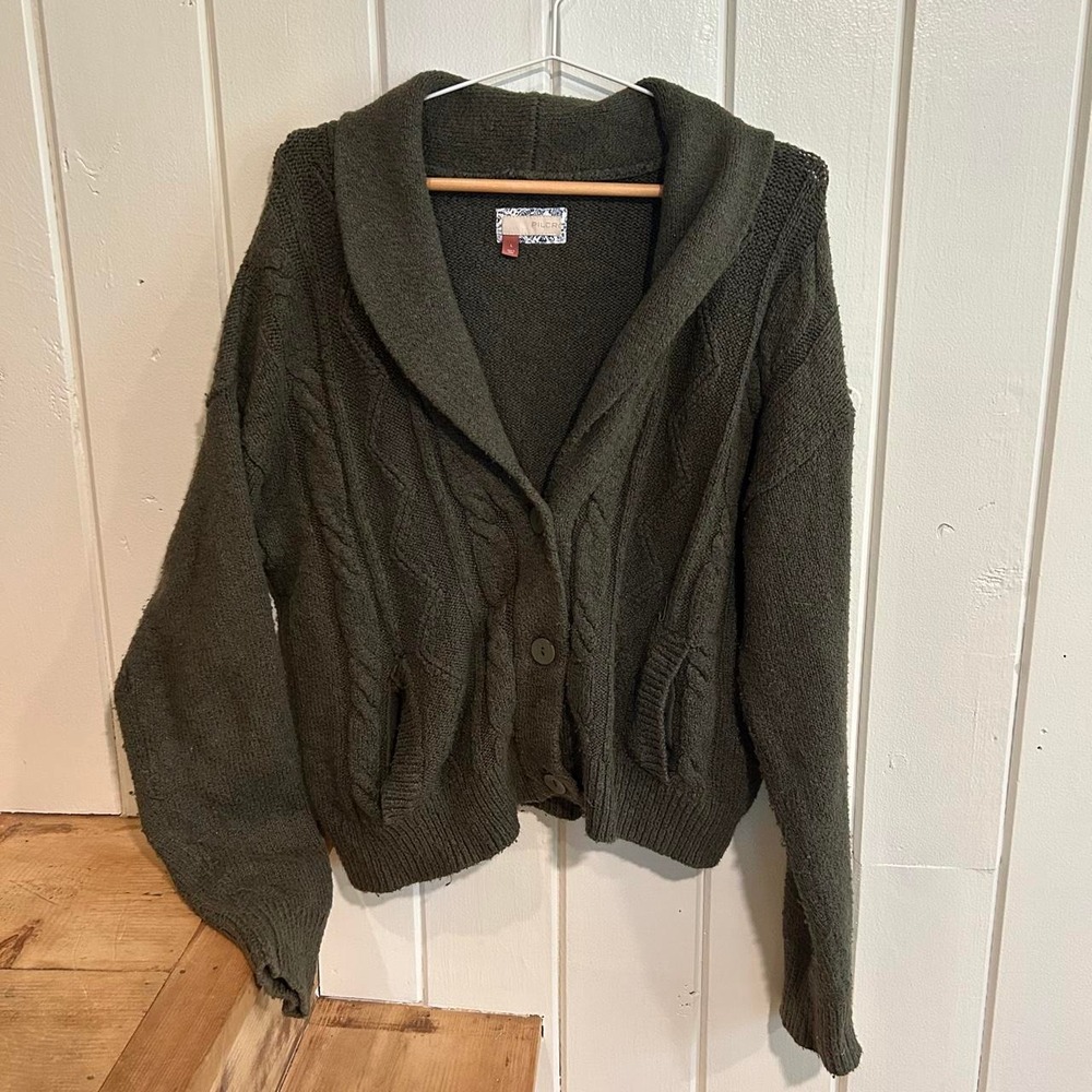 Pilcro Anthropologie Olive Green Cable knit Collared Cardigan - Picture 3 of 6